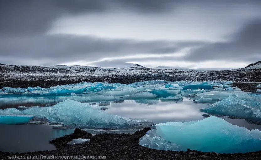 Image similar to icelandic landscape, moody, cinematic, muted colors, glaciers, ice, water
