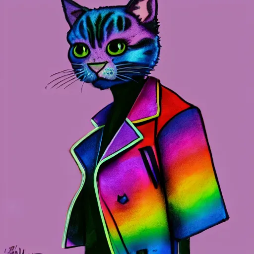 Prompt: wide angle full body, jacket wearing fluffy cute rainbow kitten wearing a black leather motorcycle jacket, cinematic concept art