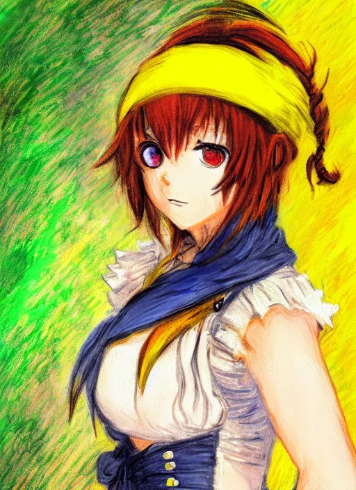 Prompt: a portrait of a female pirate, electric yellow uniform, very anime in impressionist style, anime trending artwork, anime painter studio, by claude monet