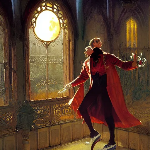 Prompt: attractive male dracula the vampire roller skating in a medieval style roller rink as a full moon shines through a window. highly detailed painting by gaston bussiere, craig mullins, j. c. leyendecker 8 k