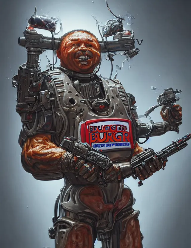 Prompt: a portrait of burger king wearing a tactical exoskeleton with miniguns, by moebius and tyler edlin and hr giger, trending on artstation, digital art, 4 k resolution, detailed, high quality, sharp focus, hq artwork, coherent, insane detail, concept art