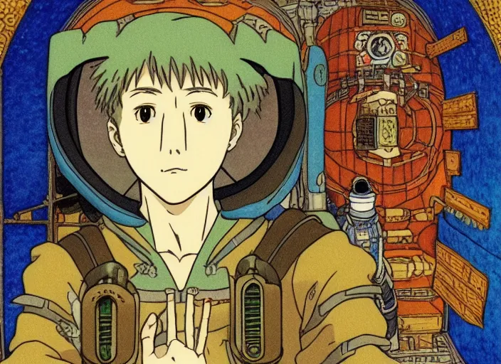 Prompt: a still frame in anime style, studio ghibli, ivan bilibin, medieval western bible sci - fi illustration of a person morphing into a bird, space station interior