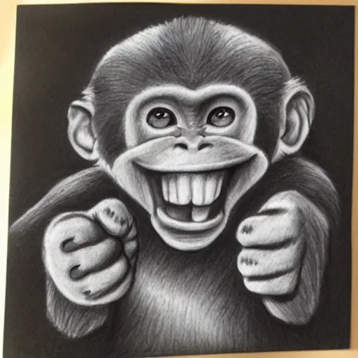 Prompt: happy monkey smiling giving a thumbs up, pencil drawing, dramatic lighting