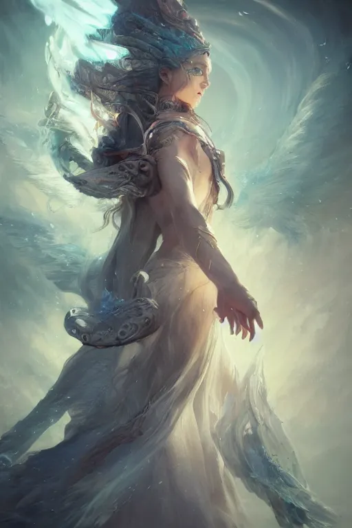 Image similar to beautiful wizard of the coast, casting magic spell, angel, 3 d render, hyper realistic detailed portrait, magic storm, thunder, ruan jia, wlop. scifi, fantasy, magic the gathering, hyper detailed, octane render, concept art, peter mohrbacher