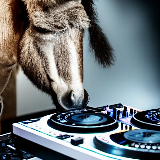 Image similar to A portrait of a DJ donkey, 8k, hyper-detailed, studio lighting