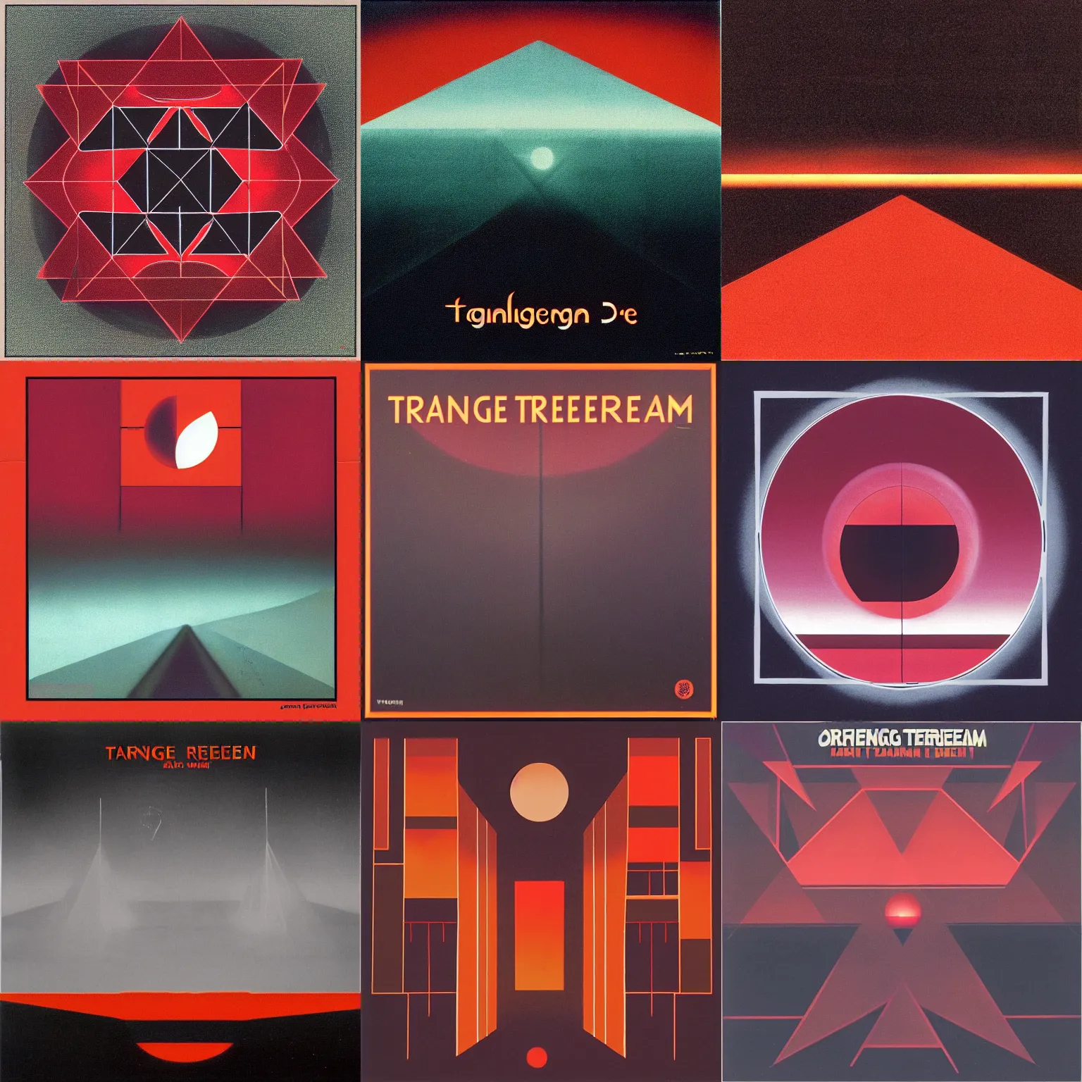 Prompt: Tangerine Dream Album Cover, Dark forbidding, fog, red glow , geometric shapes, city, 1970s