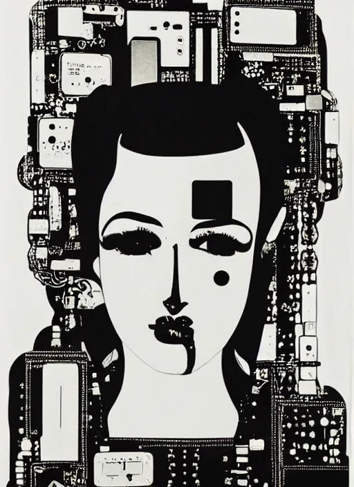 Image similar to Portrait of a punk goth fashion fractal cosmonaut girl with a television head wearing kimono made of circuits and leds, surreal photography by Man Ray