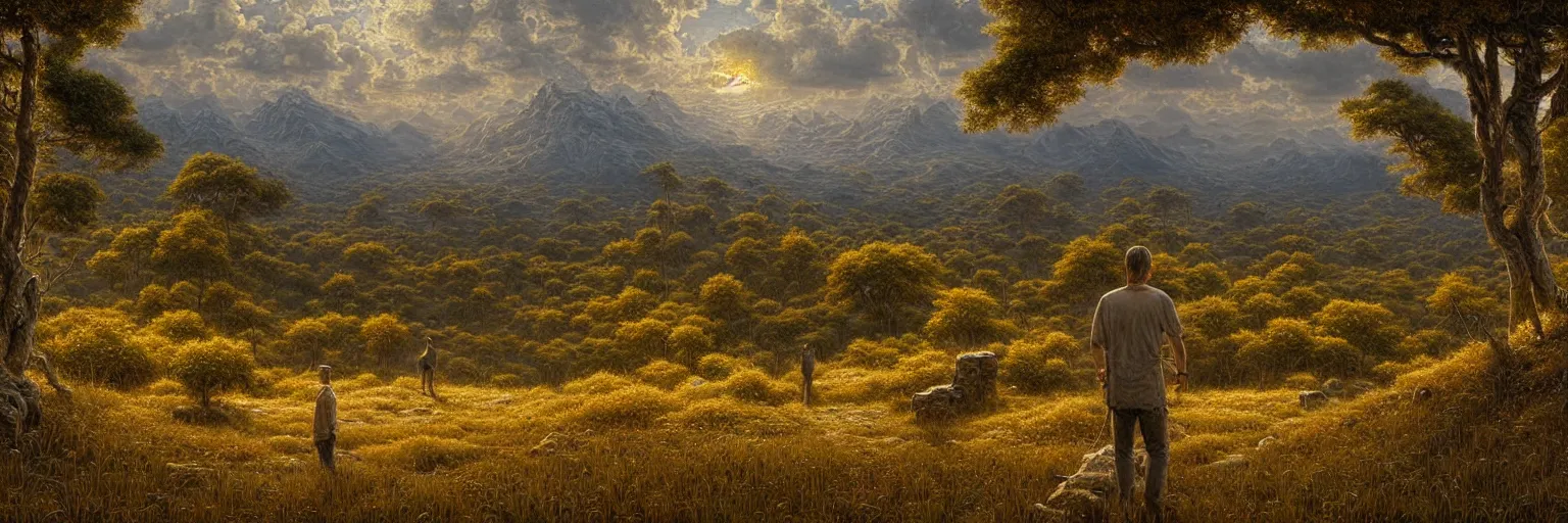 Image similar to ultra realist intricate detailed landscape painting of last man on earth, very intricate details, bokeh focus, 8 k render, by les edwards, award winning