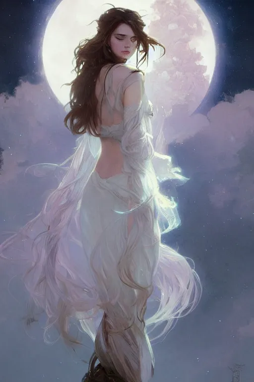 Prompt: fantasy, long hair girl, portrait, cloud and moon background, high detail, concept art, digital art, illustration, smooth, sharp focus, greg rutkowski, alphonse mucha, trending on artstation, trending on deviantart,