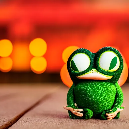 Image similar to baby pepe the frog wearing a tiny sombrero, holding maracas, large eyes, sitting on a log, pixar, disney, dynamic lighting, bokeh