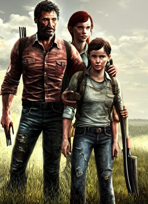 Image similar to hugh jackman as joel from the last of us standing with millie bobby brown as ellie, character concept art, hyperrealistic, detailed, accurate illustration, dramatic lighting