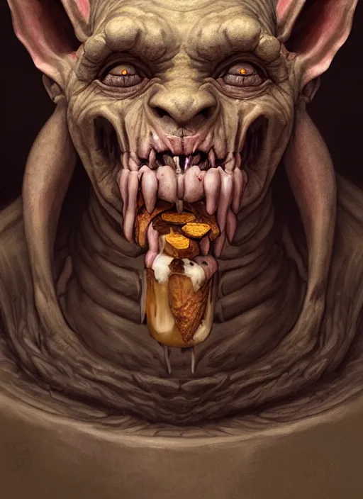 Image similar to profile face portrait of a medieval goblin eating cakes in the cloisters, beautiful face, hyper realistic, highly detailed, digital painting, artstation, illustration, concept art by hyung tae, bosch, giger, frank frazetta, digital paint, matte paint, washed colors, dark, gloomy