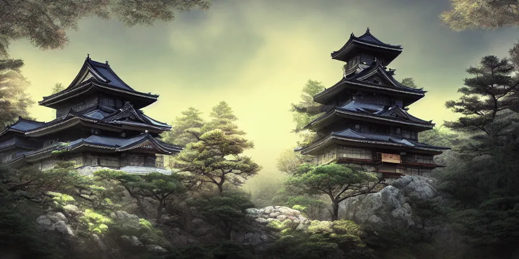 Image similar to a beautiful japanese castle on a mountain in a dark forest, highly detailed, volumetric lighting, digital painting