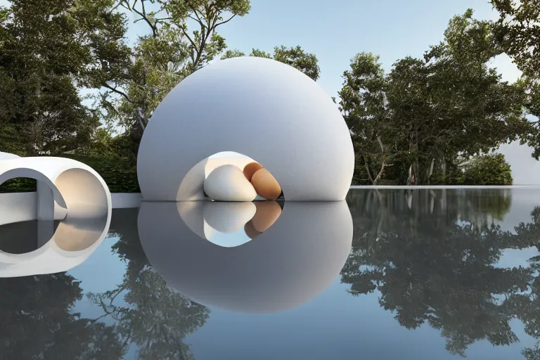 Prompt: a building formed by the intersection and fusion of many multi - white spherical and egg - shaped spaces. on the calm lake, people's perspective modern curved architecture, future, wood, marble, metal award winning, highly detailed 4 k art, dusk, unreal engine highly rendered, global illumination, radial light, internal environment by kazuyo sejima