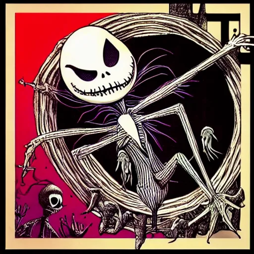 Image similar to “ a nightmare before christmas, jack skellington dances with sally, future world, art style by philippe caza, award winning concept art, highly detailed rendering. ”