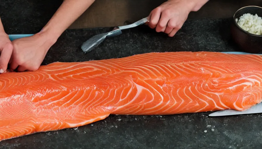 Image similar to person cuddling a flank of salmon being cut, person asleep in a salmon-meat bed and salmon body pillows