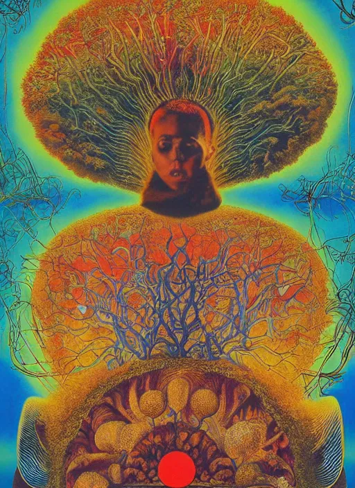 Image similar to 8 0 s new age album cover depicting a mushroom cloud in the shape of g steph curry, very peaceful mood, cardiovascular system, nervous system, oil on canvas by ernst haeckel, by frida kahlo