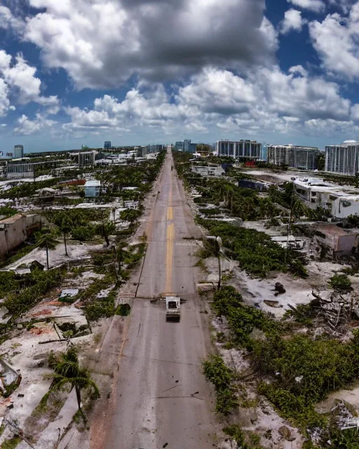 Prompt: wide angle shot of dilapidated fallout 5 miami, tropical coastal city in real life, desolate, dilapidated, empty streets, some rusted retro futuristic vintage styled parked vehicles like cars, buses, trucks, trams, sunny weather, few clouds, volumetric lighting, photorealistic, daytime, spring, sharp focus, ultra detailed,