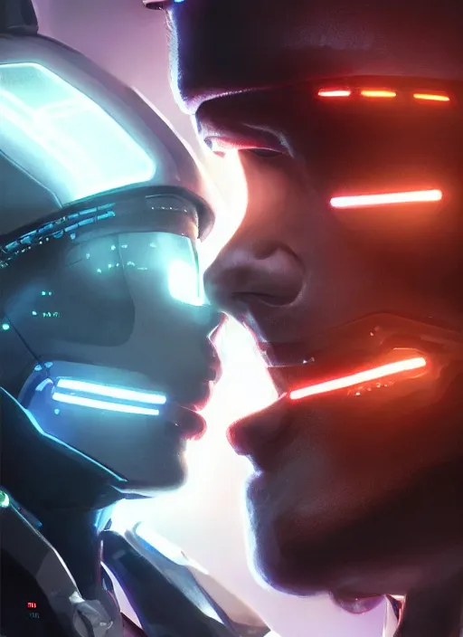 Prompt: ultra realistic close - up of a couple of cyborgs kissing, lovers, cyberpunk, sci - fi, fantasy, led color, flare, soft light, night, highly detailed, digital painting, concept art, sharp focus, illustration, art by artgerm and greg rutkowski