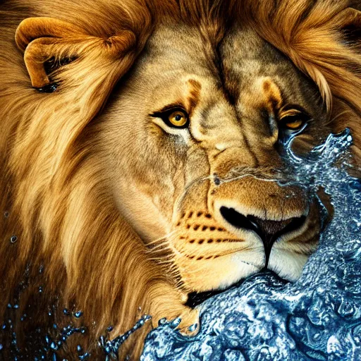 Image similar to a male lion's face breaching through a wall of water, headshot, water sprites, splashing, deep blue ocean, highly detailed, realistic digital art, trending on artstation