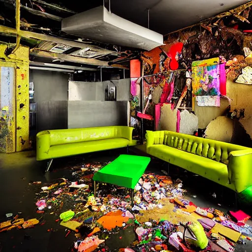 Image similar to dayglo green, taco bell opulent by nacho carbonell. a body art of a room that is wrecked, furniture overturned, belongings strewn about, & debris everywhere. the only thing left intact is a photograph on the wall shows a tidy, well - appointed space, with everything in its place.