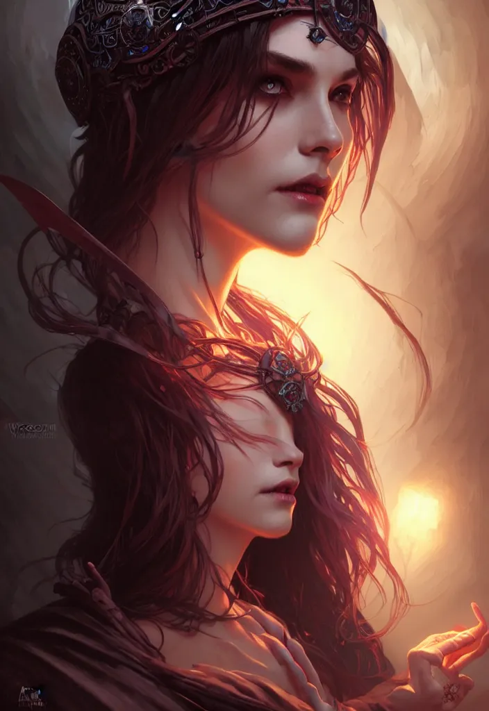 Image similar to Necromancer Sorceress face in center, fantasy magic, undercut hairstyle, dark light night, intricate, elegant, sharp focus, illustration, highly detailed, digital painting, concept art, matte, art by WLOP and Artgerm and Greg Rutkowski and Alphonse Mucha, masterpiece