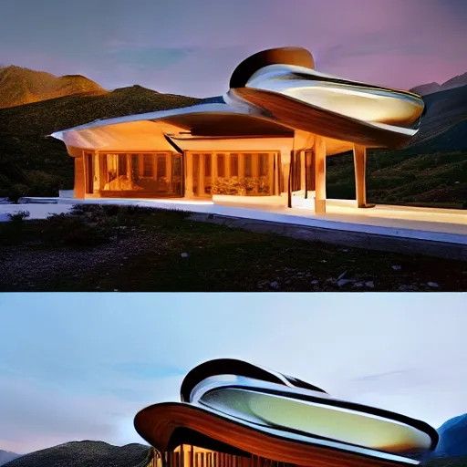 Image similar to by frank lloyd wright, zaha hadid, antonio gaudi, photorealism, hdr, photograph of a modern home set in the mountains, dramatic lighting, highly detailed,