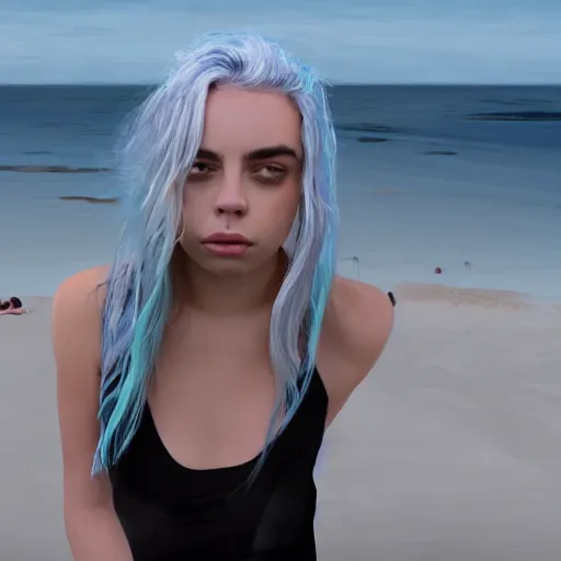 Image similar to billie eilish at the beach 4 k detailed super realistic