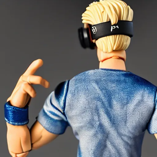 Prompt: action figure of a skinny blonde male wrestler wearing a vr headset and wearing a t - shirt and jeans, high detail, realistic,