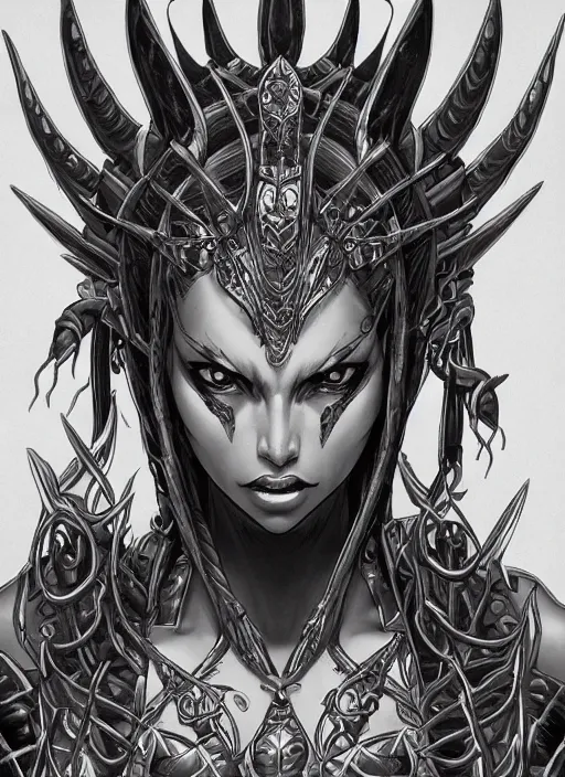 Prompt: a detailed face portrait of the queen of blades, line art, diablo 4 lilith, by yusuke murata, by hiroya oku, trending on artstation