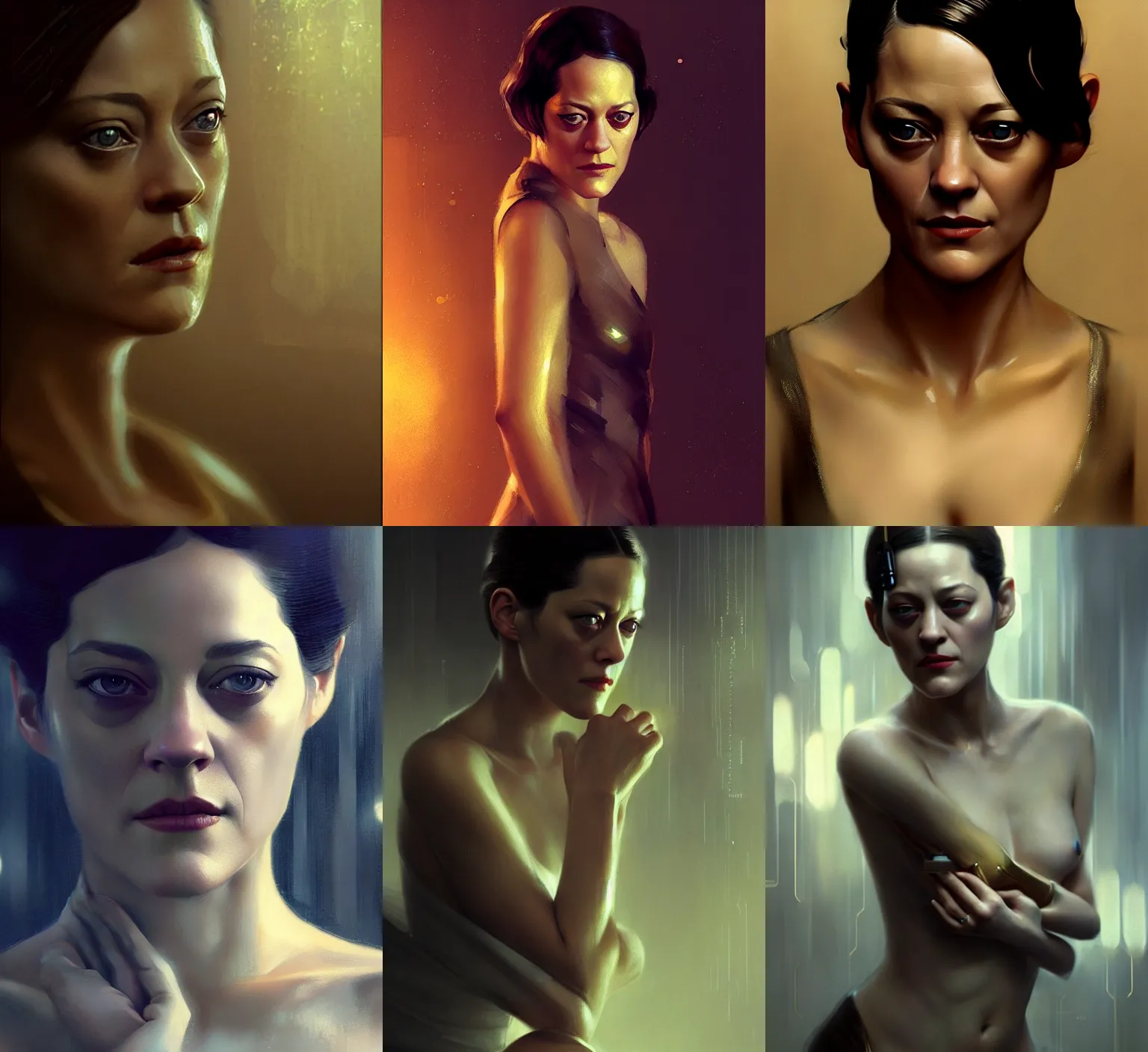 Prompt: movie still of marion cotillard as rachael from bladerunner, intricate, elegant, highly detailed, digital painting, artstation, elegant pose, concept art, smooth, sharp focus, illustration, art by wlop and greg rutkowski