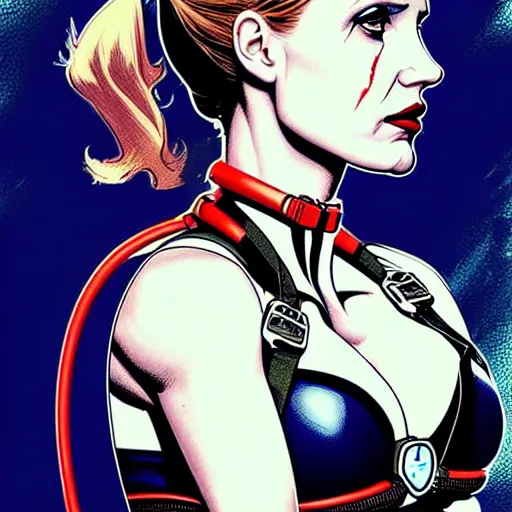 Image similar to a profile photo of a jessica chastain woman with a diving oxygen mask with side profile blood in ocean intricate details by MARVEL comics and Sandra Chevrier-C