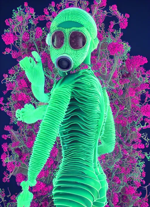 Prompt: hyper detailed 3d render like a sculpture - profile subsurface scattering (a beautiful fae princess gas mask protective playful expressive from that looks like a borg queen scene kid wearing a sundress made of flowers) seen red carpet photoshoot in UVIVF posing in chromatic light pattern pool of water to Eat bite of the Strangling network of yellowcake aerochrome and milky Fruit and His delicate Hands hold of gossamer polyp blossoms bring iridescent fungal flowers whose spores black the foolish stars by Jacek Yerka, Ilya Kuvshinov, Mariusz Lewandowski, Houdini algorithmic generative render, golen ratio, Abstract brush strokes, Masterpiece, Victor Nizovtsev and James Gilleard, Zdzislaw Beksinski, Tom Whalen, Mark Ryden, Wolfgang Lettl, hints of Yayoi Kasuma and Dr. Seuss, Grant Wood, octane render, 8k, maxwell render, siggraph