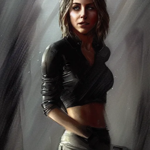 Prompt: portrait of julianne hough by greg rutkowski and wlop, a secret agent, wearing black shorts, wearing black boots, wearing a cropped top, blade runner, highly detailed portrait, digital painting, artstation, concept art, smooth, sharp focus ilustration, artstation, hq