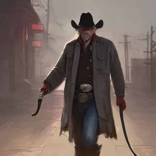 Image similar to portrait of a man with a long duster, grey hair and a cowboy hat walking in a western town, hard good looking face, middle aged, drawn by Ruan Jia, disco elysium art, fantasy art, dramatic lighting, digital art, 8k, highly detailed