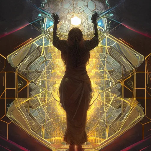 Prompt: hyper realistic golden quantum computer in the shape of a giant cube the size of a city in the middle of a Japanese city , art by artery and Greg Rutkowski and alphonse mucha, sci-fi, fantasy, intricate, ornate, very very intimidating , highly detailed, digital painting, artstation, concept art, smooth, sharp focus, illustration