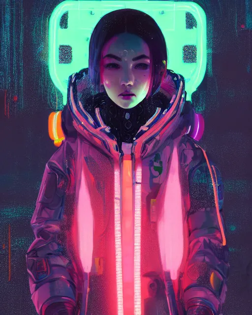 Image similar to detailed full body portrait Neon Operator Girl, cyberpunk futuristic neon, reflective puffy coat, decorated with traditional Japanese ornaments by Ismail inceoglu dragan bibin hans thoma greg rutkowski Alexandros Pyromallis Nekro Rene Maritte Illustrated, Perfect face, fine details, realistic shaded, fine-face, pretty face
