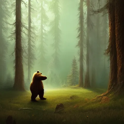 Prompt: a giant humanoid bear singing on a stage in a forest, digital art, detailed face, highly detailed, calm, deviantart, art by greg rutkowski, artstation, natural lighting, dramatic