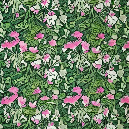 Image similar to william morris style print of beautiful light pink peonies and green leaves, repeating pattern