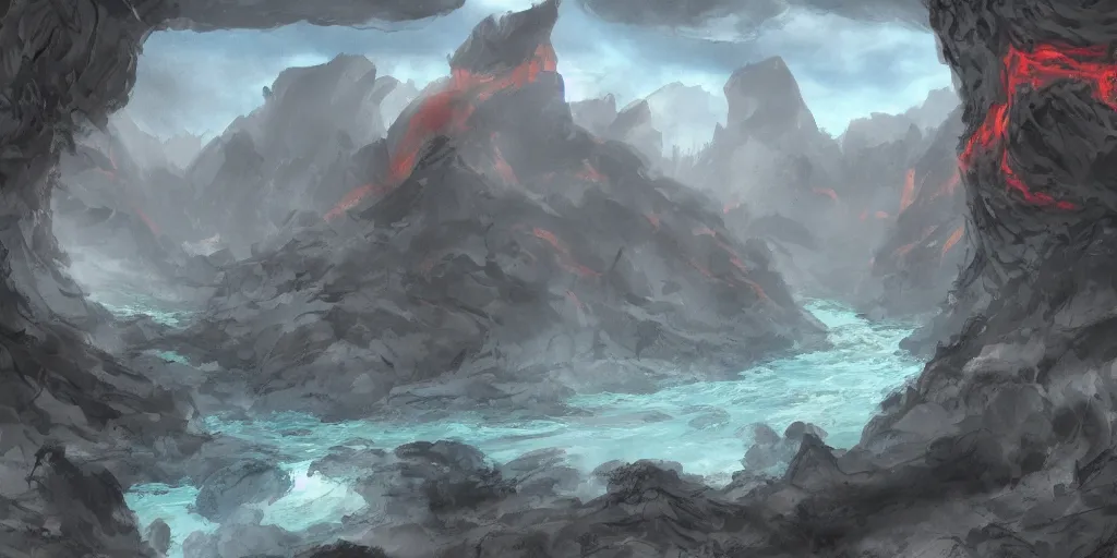 Prompt: Fantasy concept art of a canyon with a lava river. Concept art, wide, highly detailed.