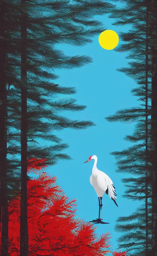 Prompt: fresh trump card design, vector art, a huge japanese crane bird is chilling above a lake in the middle of a forest of japanese pines, a big red sun in the background, front of game card, clean elements, trending on kickstarter, stunning, solid colors