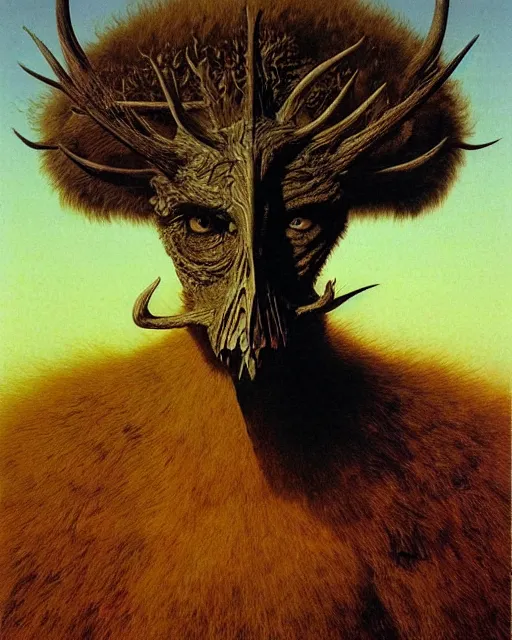 Image similar to a creature with the body and eyes of a man, with the beak of an eagle, the mane of a lion, and the antlers of a bull. drawn by moebius and zdzislaw beksinski