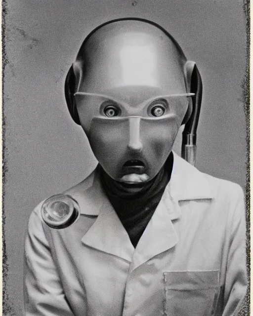 Prompt: Hyper realistic vintage photograph of an alien grey, science laboratory background