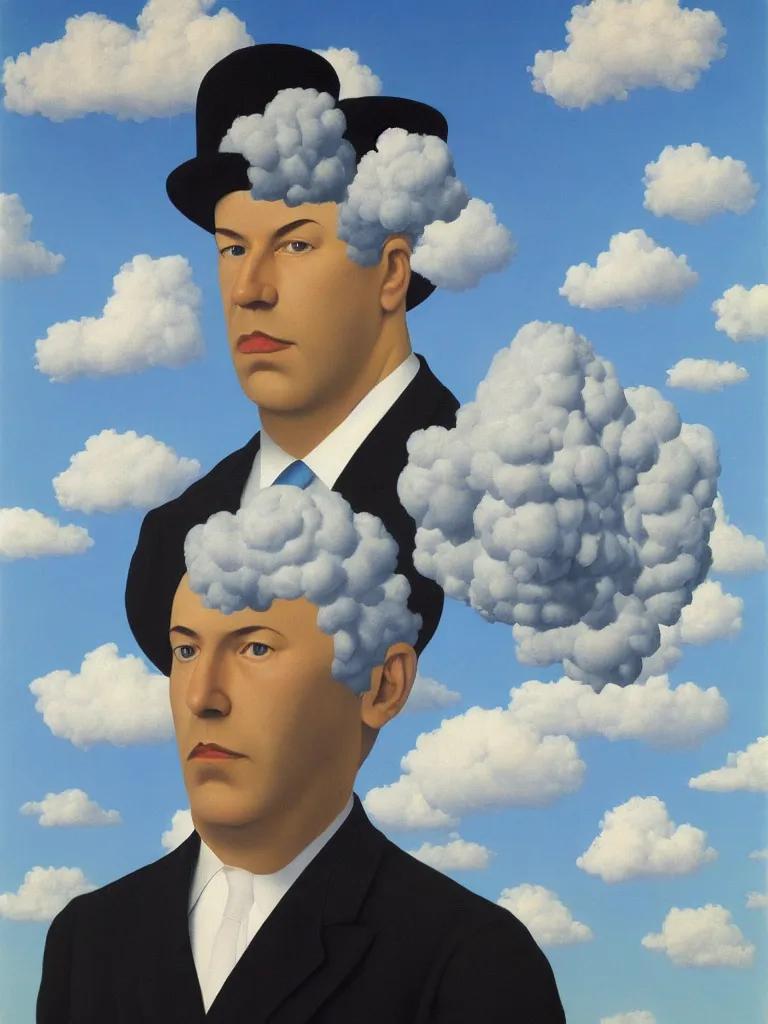 Image similar to portrait of a cloud man by rene magritte, detailed painting, hd, hq, high resolution, high detail, 4 k, 8 k