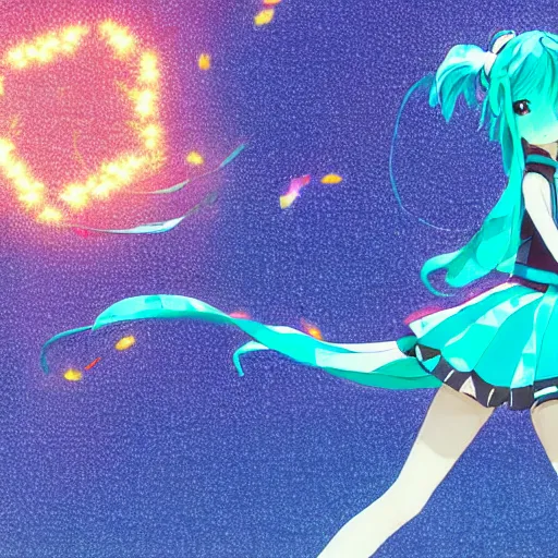 Prompt: high quality art of a hatsune miku is flying with her back to the camera above the night tokyo at bird's - eye height, glowing particles and ribbons follow her arms, glowing advertising banners on buildings depicting hatsune miku are visible in the distance, art by makoto shinkai, crunchyroll, pixiv, danbooru, hd