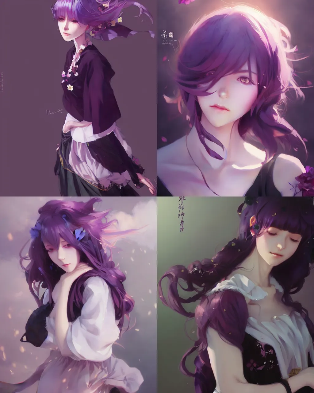 Image similar to girl with purple hair and black skirt, flower decoration on the background, a beautiful half body illustration, top lighting, perfect shadow, soft painting, art by hidari and krenz cushart and wenjun lin