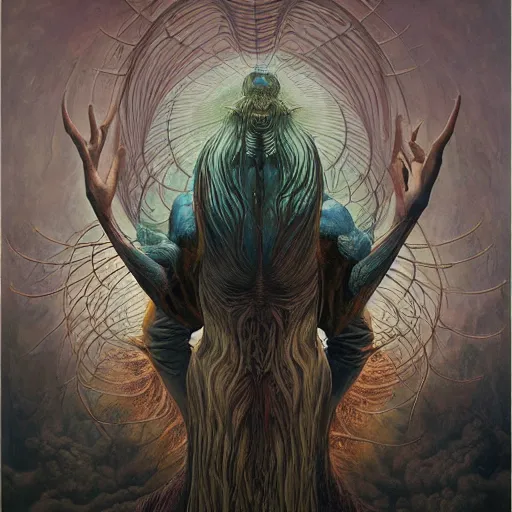 Prompt: FINAL BOSS by alex grey, by Esao Andrews and Karol Bak and Zdzislaw Beksinski and Zdzisław Beksiński, trending on ArtStation