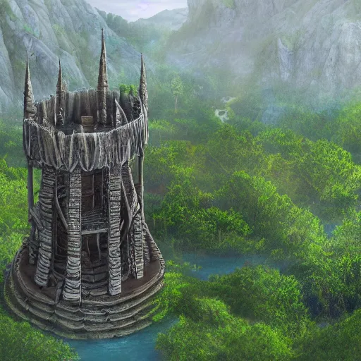 Prompt: A photorealistic image of a wizard's tower in a lush valley. A river runs through the valley.