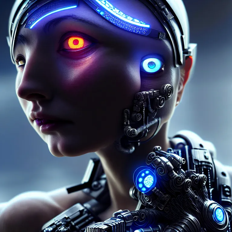 Prompt: ultra realistic beautiful cyborg deity eyes closed, scifi, cyberpunk, fantasy, intricate details, movie still, highly detailed, photorealistic, octane render, eerie, 8k, art by artgerm and michael welan