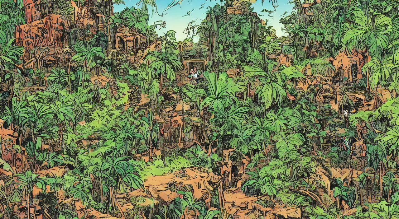 Image similar to close zouk fabric wall fortress countryside jungle dirt a spectacular view cinematic comic book illustration, by john kirby